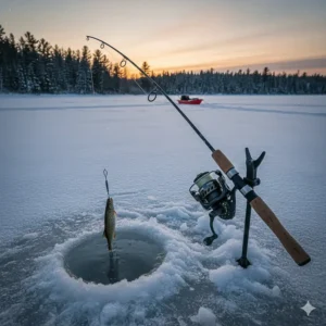 An illustration of a medium-heavy action ice fishing rod suitable for catching trophy Northern Pike in Ontario lakes.