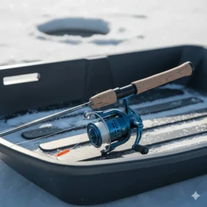 Lightweight ice fishing rod and reel combo designed for Quebec speckled trout and walleye fishing.