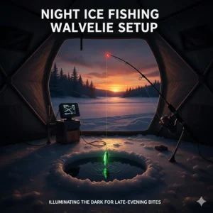 Illustration of a glow-in-the-dark lure attached to a walleye ice fishing rod for late-evening "golden hour" bites.