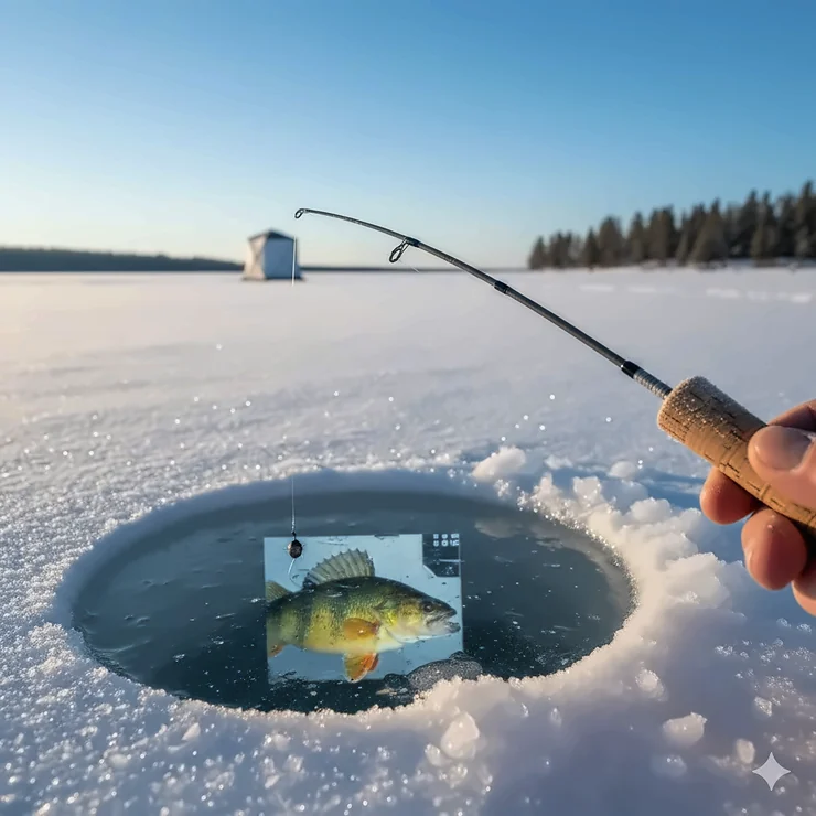 An angler using a sensitive perch ice fishing rod on the frozen waters of Lake Simcoe, Ontario, during a sunny winter day.