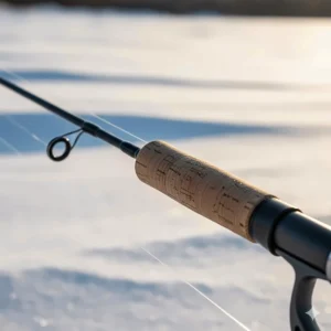 Detailed view of a premium cork handle and oversized guides on a perch ice fishing rod to prevent freeze-up.