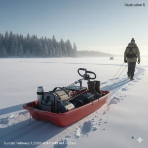 Illustration of a compact electric ice auger folded and stored in a sled (pulk) for transport across snowy terrain.