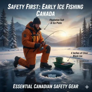 An angler using early ice fishing rods on 4 inches of clear black ice while wearing essential Canadian safety gear like ice picks and a flotation suit.