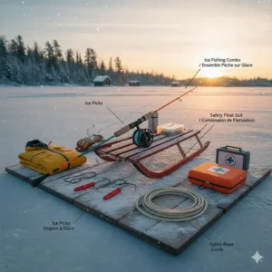 Illustration of an ice fishing combo for beginners alongside ice picks and a safety floater suit.