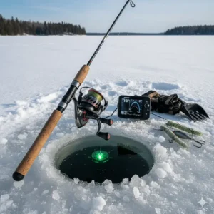 Heavy-duty Shimano ice fishing combo setup optimized for catching Lake Trout in deep water.