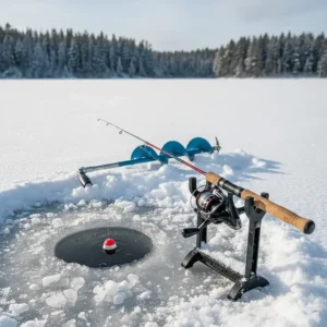 A Shimano rod and reel combo resting on a cradle next to a freshly drilled ice hole.