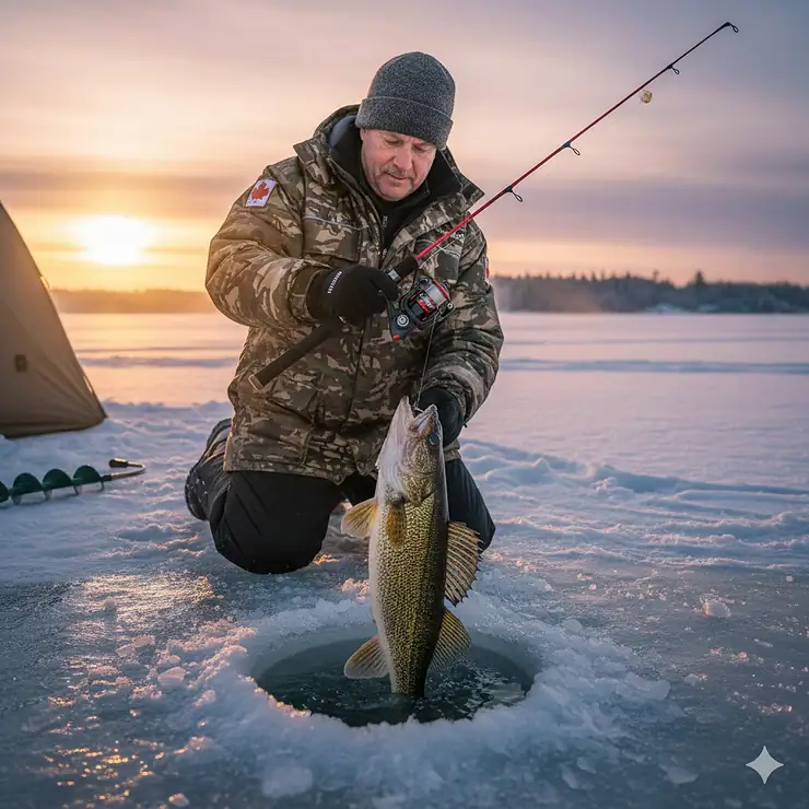 A professional Shimano ice fishing combo being used to catch a Walleye on a frozen Canadian lake during sunrise.