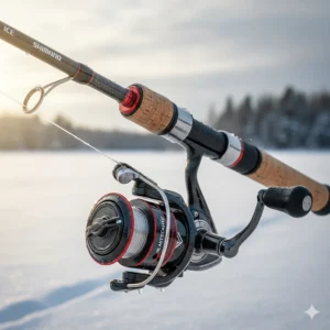 Close-up view of a Shimano ice fishing combo highlighting the precision reel and cold-weather grip.