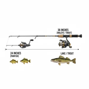A diagram showing the difference between a 24-inch and 36-inch ice fishing rod length for various species.