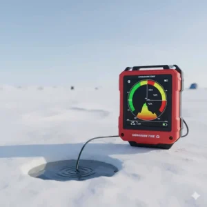 Digital flasher and sonar fish finder display showing fish depth, a key piece of modern ice fishing electronics.