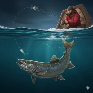 A spinning reel being used for deep-water lake trout fishing in Ontario, highlighting the smooth drag system.