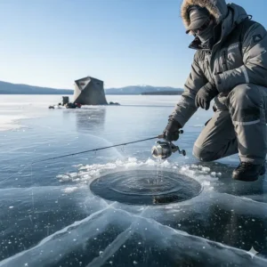 Illustration showing an angler dipping a frozen reel into the ice hole to solve a temporary ice fishing reel freezing problem.