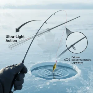 Illustration showing the tip sensitivity and action of ultra-light early ice fishing rods used for detecting subtle bites from yellow perch.