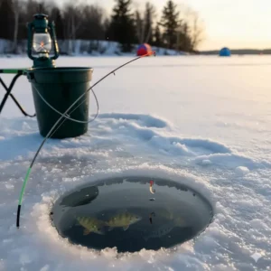 Detailed view of an ultralight ice fishing pole optimized for catching yellow perch and crappie in Southern Ontario.