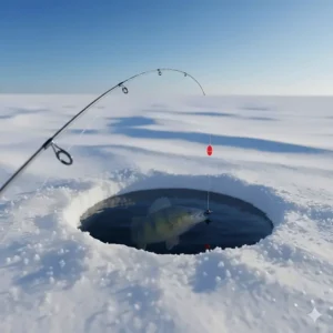 Illustration showing the ultralight tip action of a perch ice fishing rod detecting a subtle bite under the ice.