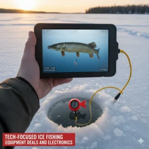 A digital underwater camera displaying fish beneath the ice; tech-focused ice fishing equipment deals and electronics.