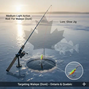 A specialized medium-light setup for early ice fishing rods featuring a glow jig, tailored for catching Walleye (Doré) in Ontario and Quebec waters.