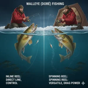 Choosing between inline and spinning reels for catching Walleye and Doré through the ice in Canada.