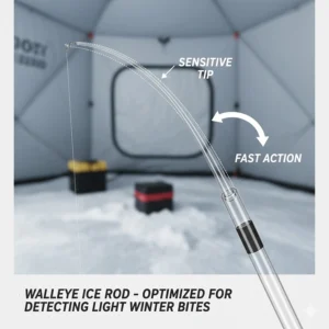 Diagram showing the fast action and sensitive tip of a walleye ice fishing rod designed for detecting light winter bites.