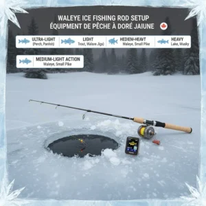 A specialized medium-light walleye ice fishing rod and reel combo sitting next to a hole on a frozen Canadian lake.