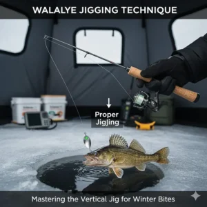 Digital drawing showing the proper jigging stroke for walleye using a medium-light power ice fishing rod.