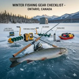 Infographic featuring a lake trout ice fishing rod, an ice auger, and a sonar unit on a frozen lake in Ontario.