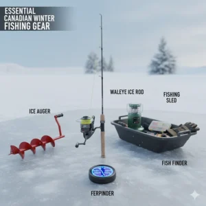 Infographic of essential Canadian winter gear including an ice auger, sled, and a specialized walleye ice fishing rod.