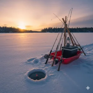 A scenic illustration of various ice fishing rods leaning against a sled on a frozen Ontario lake at sunset.