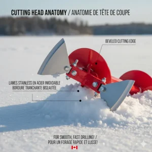 Technical drawing of a 10-inch ice auger cutting head featuring dual stainless steel blades for smooth drilling.