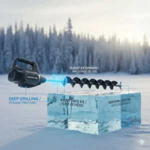 Illustration of a 6-inch ice auger with a flight extension for drilling through deep ice in Northern Canada.