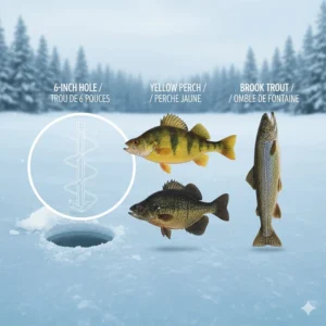 Illustration comparing a 6-inch ice auger hole diameter to standard Canadian panfish like Yellow Perch and Brook Trout.