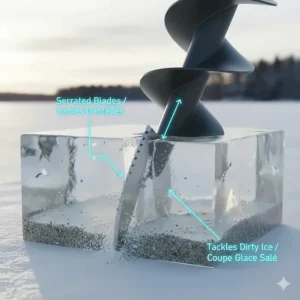 Detailed illustration of stainless steel blades for a 6-inch ice auger designed to cut through thick, hard Canadian lake ice.