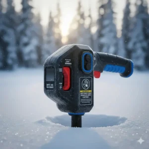 Close-up of a 6-inch ice auger handle featuring bilingual English and French safety instructions for Canadian users.
