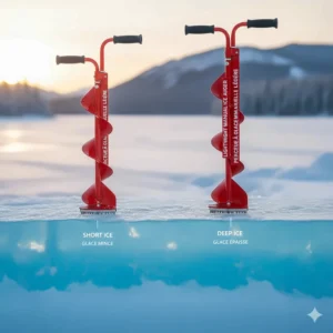 Illustration showing the adjustable height settings of a lightweight manual ice auger to accommodate different Canadian ice thicknesses.