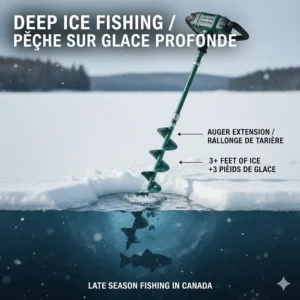 Diagram showing when to use an auger extension for thick mid-winter ice in the Canadian Prairies or Territories.