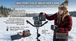 Illustration showing how to keep electric ice auger batteries warm in sub-zero Canadian temperatures.