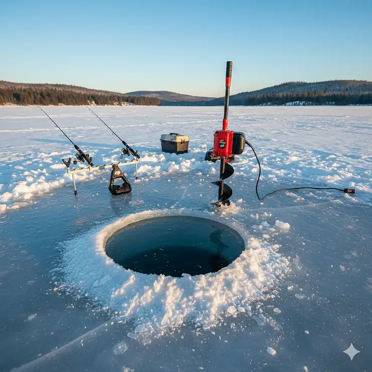 A high-performance 10-inch ice auger drilling through thick lake ice in Ontario, Canada, perfect for catching trophy lake trout and walleye.