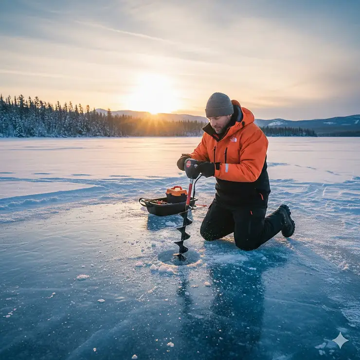 A premium 6-inch ice auger being used by an angler on a frozen Canadian lake during sunrise, ideal for perch and walleye fishing.
