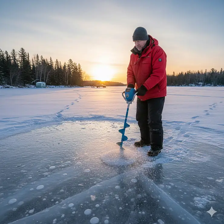 A person using a high-performance 8 inch ice auger on a frozen Canadian lake at sunrise.