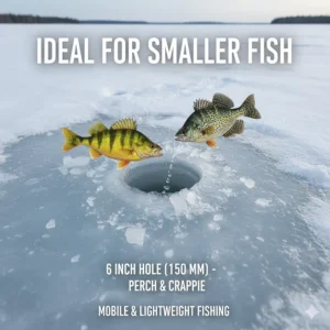 A 6-inch ice auger hole used for catching Yellow Perch and Crappie in Manitoba; ideal lightweight size for mobile fishing.