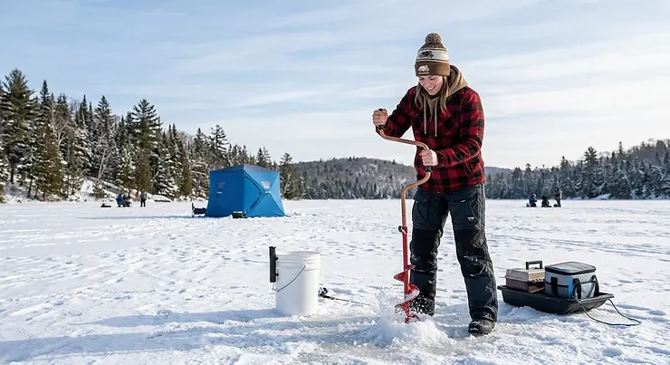 A beginner using a manual ice auger on a frozen Canadian lake with a snowy pine forest background.
