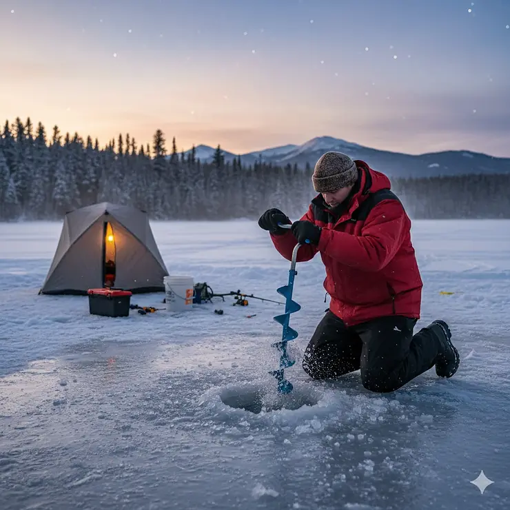 A person using a manual ice auger on a frozen lake in Ontario, Canada, with a scenic winter background.
