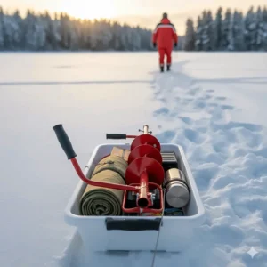 A top-down view of a collapsed, lightweight manual ice auger fitting into a small sled (pulk) for backcountry ice fishing.