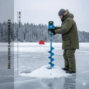 An illustration of an ice auger with a flighting extension used to drill through three feet of thick ice on a northern Canadian lake.
