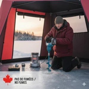 Close-up illustration of the ergonomic handles and simple push-button start of a quiet electric ice auger designed for Canadian winter gear.