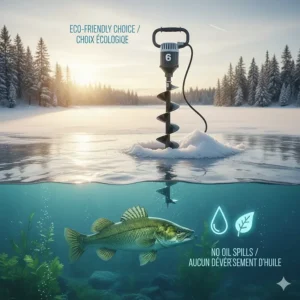 Eco-friendly electric 6-inch ice auger preventing oil leaks into Canadian freshwater lakes, protecting the local ecosystem.