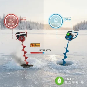 Illustration showing a zero-emission electric ice auger, emphasizing no gas or oil spills on pristine Canadian waterways.