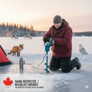 Digital art of an angler drilling a hole without disturbing nearby wildlife, emphasizing the "quietest electric ice auger" benefit.