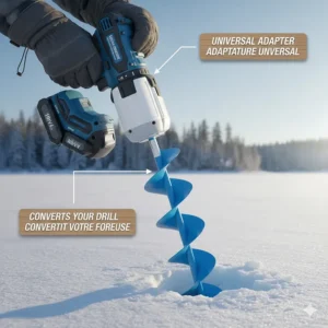 Illustration of a universal adapter connecting a cordless electric drill to an ice auger bit for versatile ice fishing.