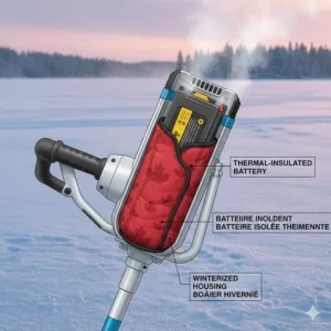 Diagram of an electric ice auger battery with thermal protection for high performance in extreme Canadian winter temperatures.